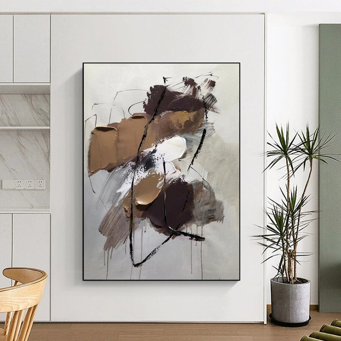 Handmade Art - Earthy Tones with Black Lines Textured Abstract Art PT584