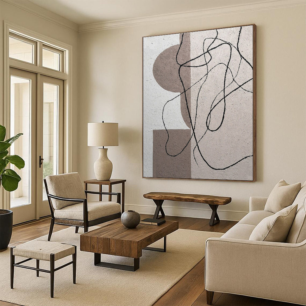 Cool Abstract Paintings Beige, Brown, and Black Linear Abstract Art PT676