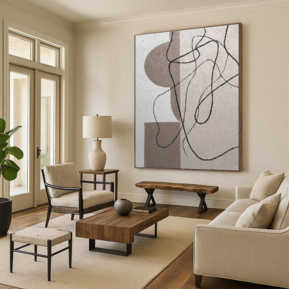 Cool Abstract Paintings Beige, Brown, and Black Linear Abstract Art PT676