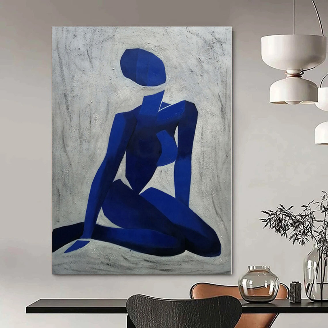 Hand-Painted Blue and White Geometric Figure Abstract Portrait Painting DPS426