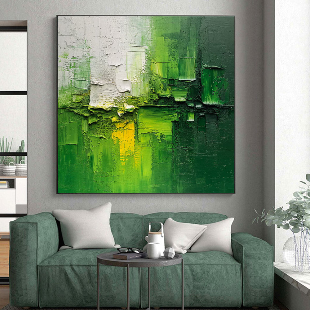 Hand-Painted Green and White Textured Abstract Painting with Yellow Accents, Acrylic Modern Art PT201
