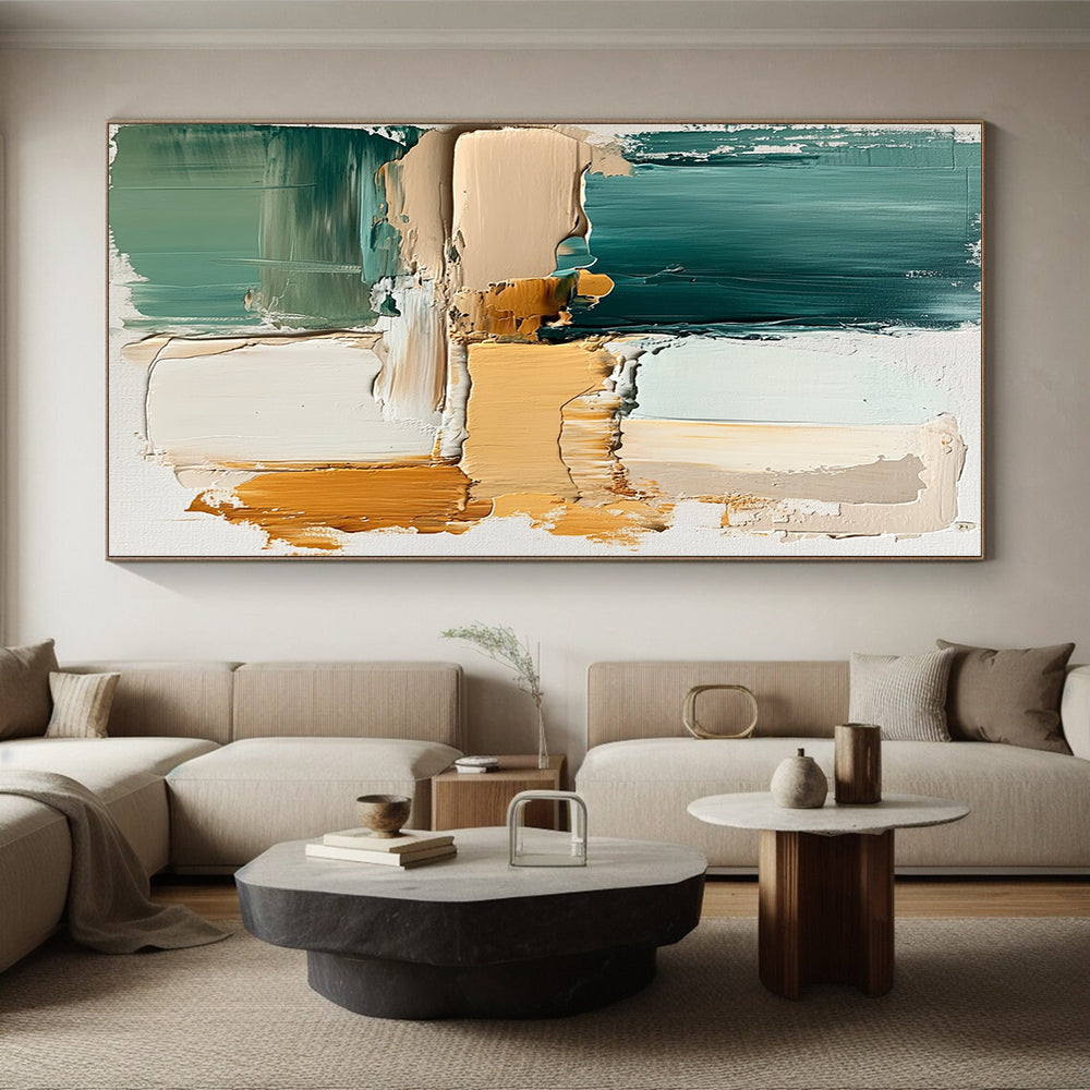 Big Abstract Painting On Canvas, Teal Beige Orange Abstract Textured Art On Canvas PT173