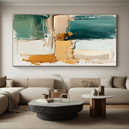 Big Abstract Painting On Canvas, Teal Beige Orange Abstract Textured Art On Canvas PT173