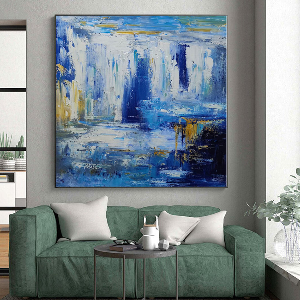 Unique Abstract Art Blue, White & Gold Textured Waterfall Abstract Painting On Canvas PT065
