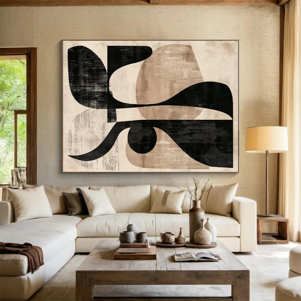 Unique Abstract Art Black Beige Geometric Shapes Modern Artwork PT433