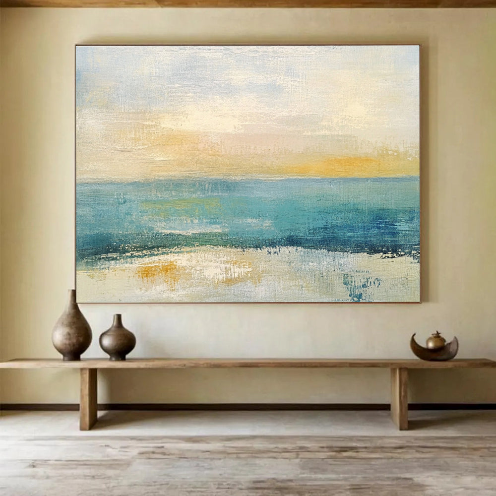 Hand Painted Art Blue, Yellow & White Textured Coastal Abstract Painting HPS273
