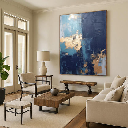 Hand Painted Art in Teal, Navy, and Gold Abstract Textural Compositions PT233