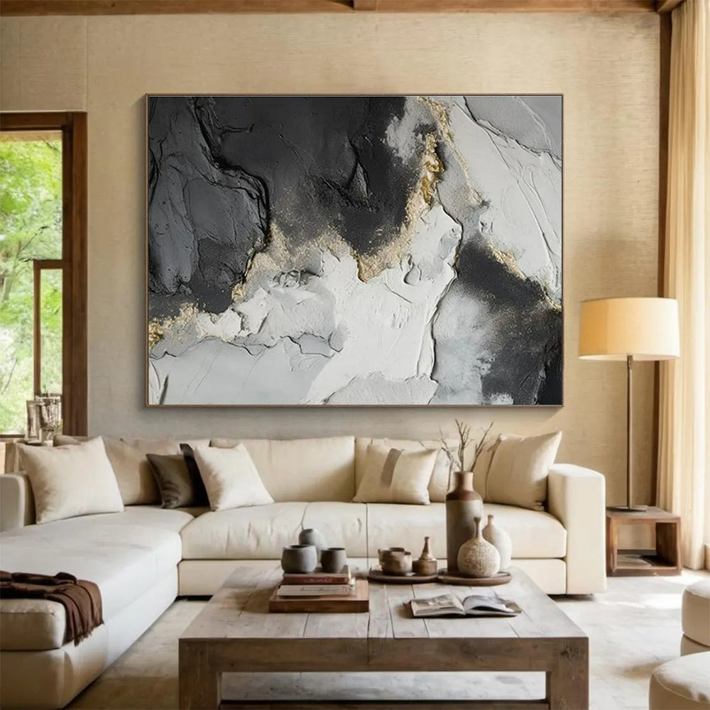 Hand-Painted Black, White, and Gold Textured Abstract Landscape Art HPS361
