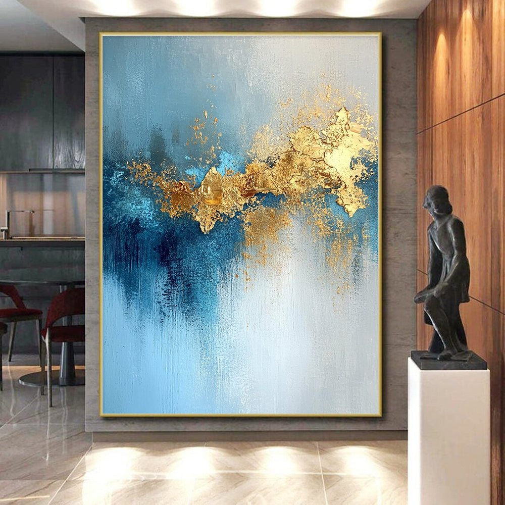 48x60 Blue, Gold & Gray Textured Abstract Painting On Canvas PT116