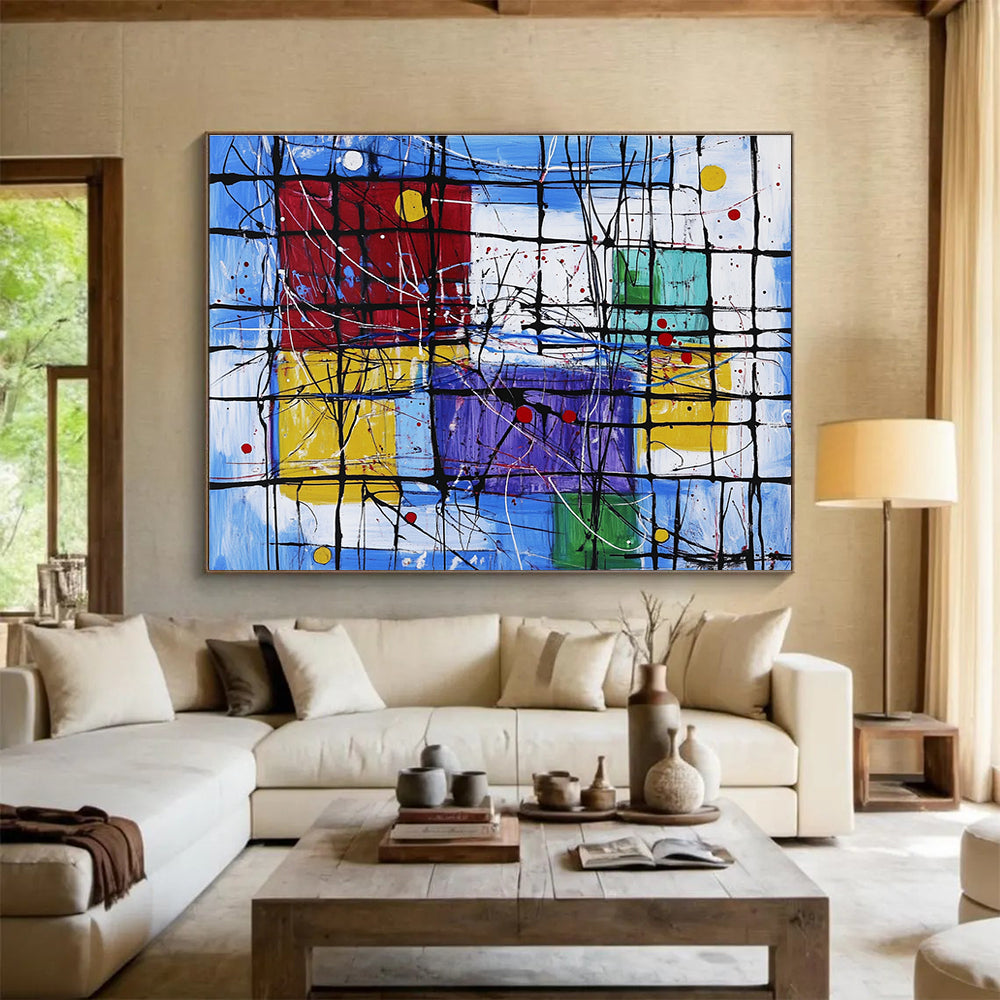 Modern Art Acrylic Multicolor (Blue, Red, Yellow, Purple) Geometric Abstract Painting HPS247