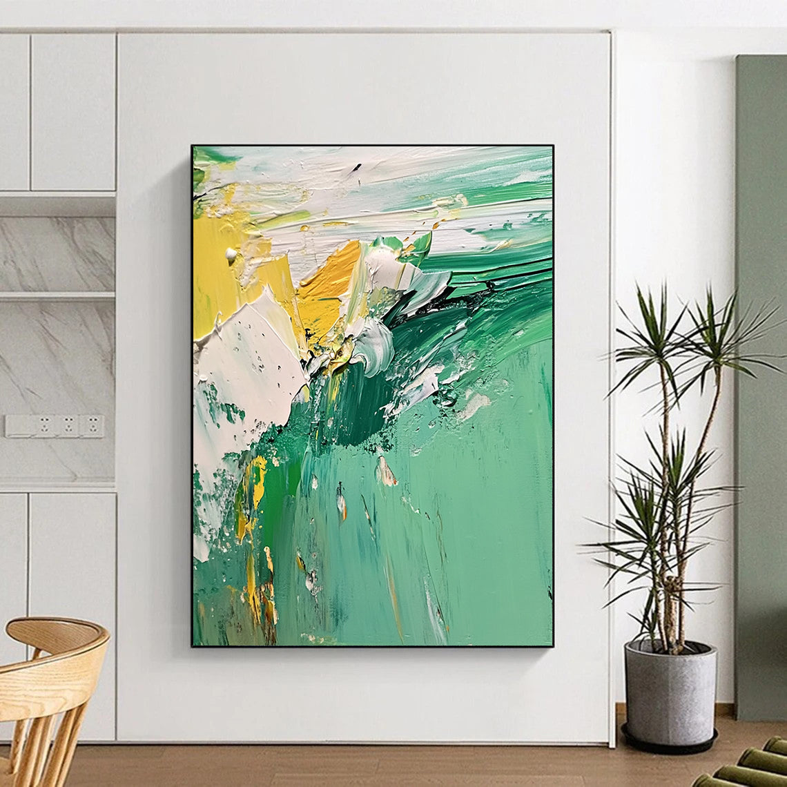 48x60 Green, Yellow & White Textured Abstract Painting On Canvas PT126
