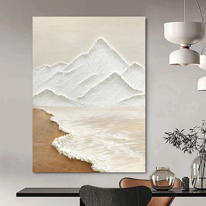 Handmade Art Beige and White Mountain and Sea Abstract Landscape Painting DPS449