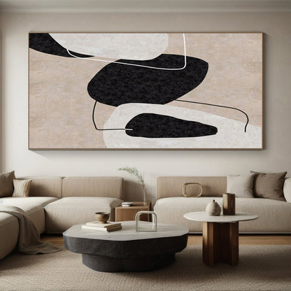 Minimalist Canvas Art Black, Beige, and White Organic Abstract Art PT691