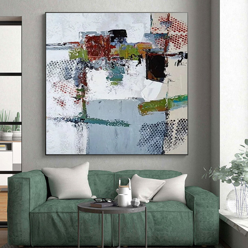 48x60 Multicolor Abstract Painting with Dotted and Textured Elements, Cool Abstract Paintings PT216