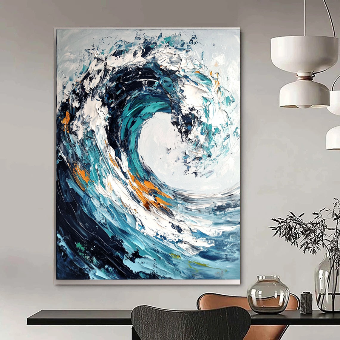 Cool Abstract Paintings Blue, White, and Orange Abstract Wave Painting DPS432