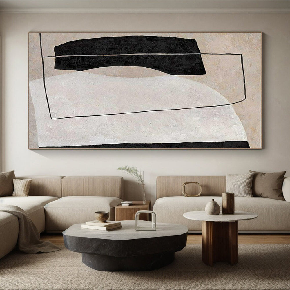 Hand-Painted Black, Beige, and White Geometric Abstract Art PT692