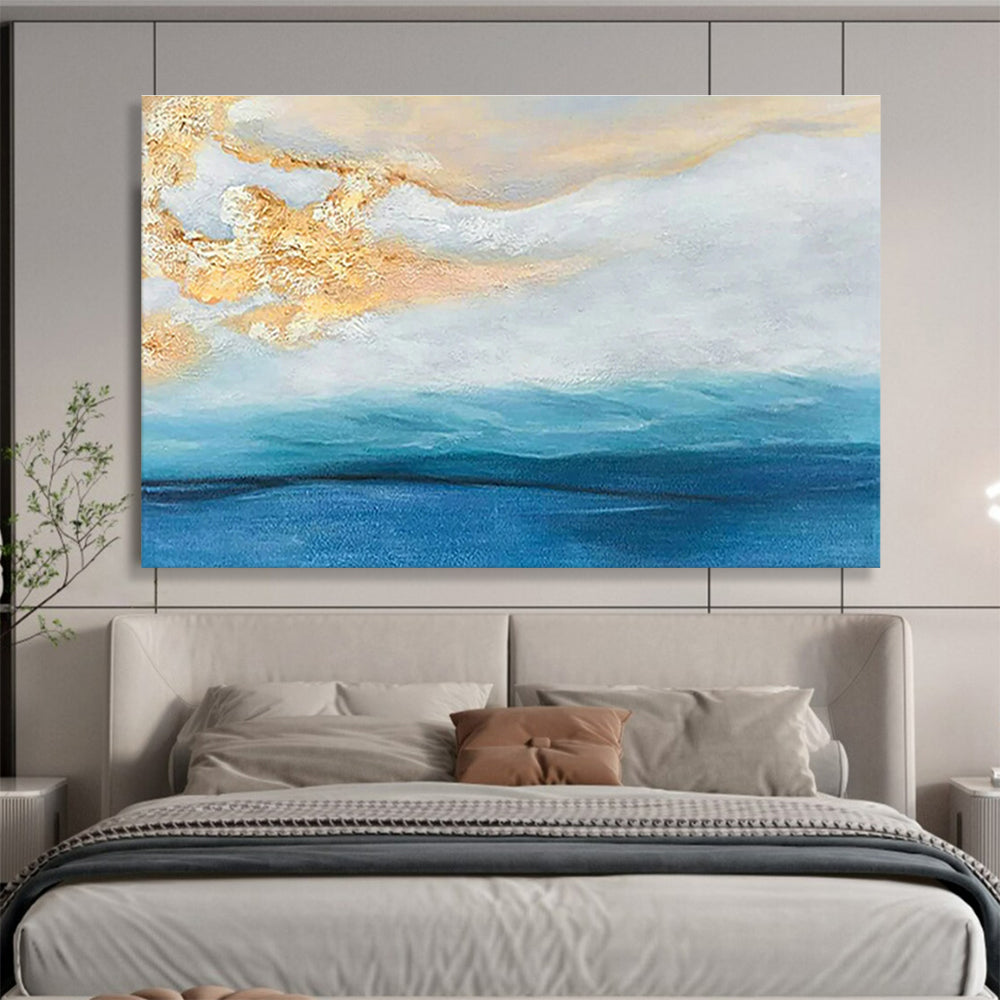 Hand-Painted Blue, White, and Gold Abstract Seaside Sunset Art HPS341