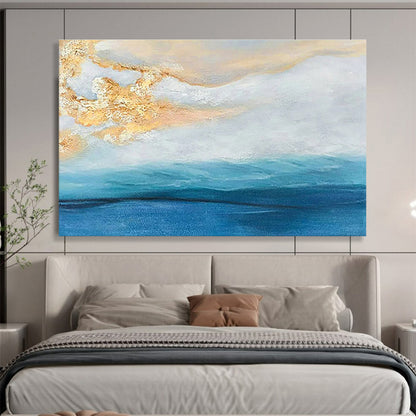 Hand-Painted Blue, White, and Gold Abstract Seaside Sunset Art HPS341