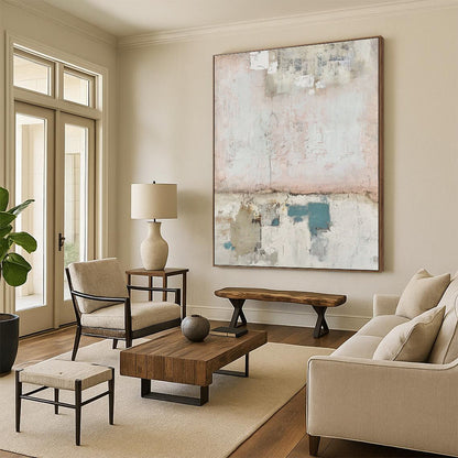 Cool Abstract Paintings in Pink, Beige, Blue, and Gray Textured Design, Hand-Painted Acrylic Art PT307