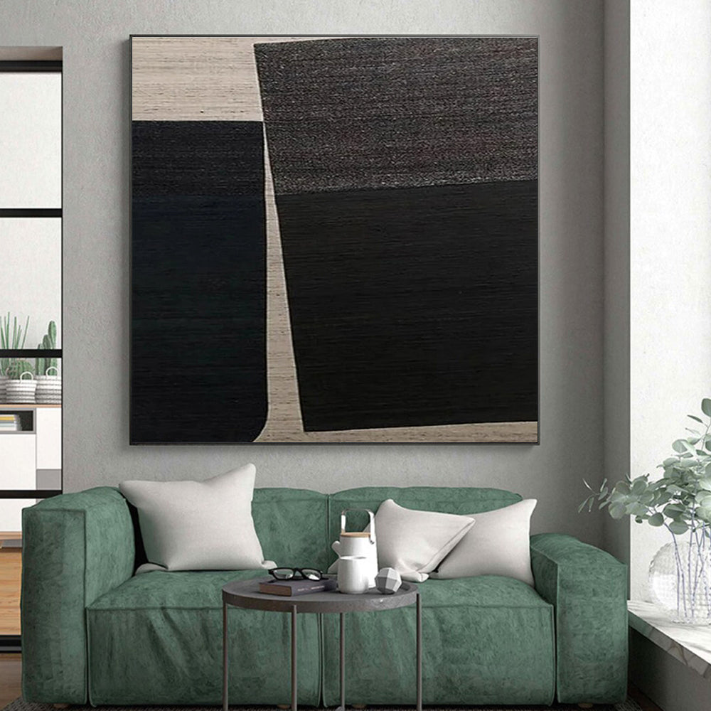 Minimalist Canvas Art Black and Beige Geometric Abstract, Modern Art Acrylic PT549