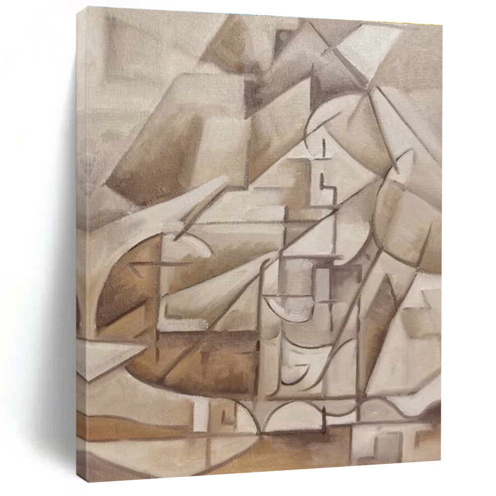 Large Contemporary Wall Art Beige Brown Cubist Abstract Acrylic Creation PT438