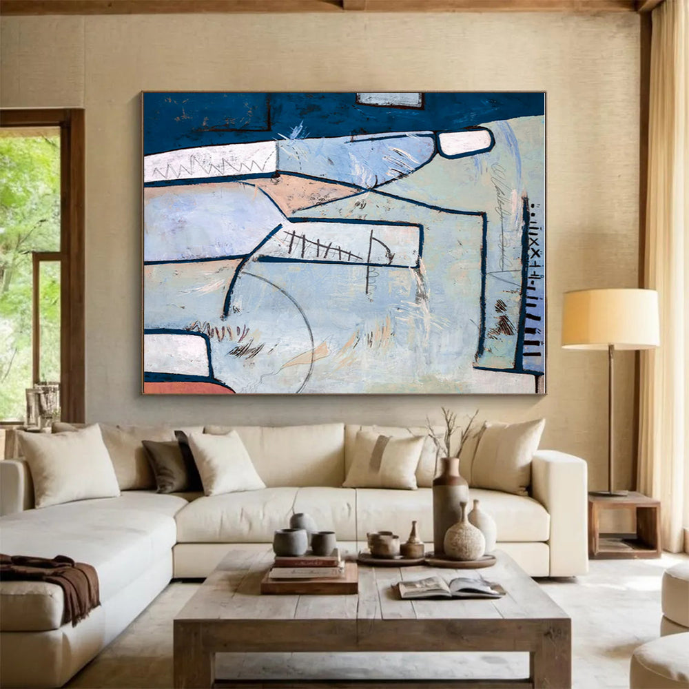 Handmade Art Blue and Beige Geometric Abstract Art PT827