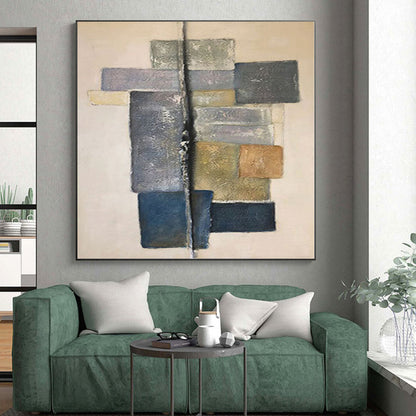 48x60 Modern Art Acrylic with Geometric Grey, Blue, and Beige Shapes PT018