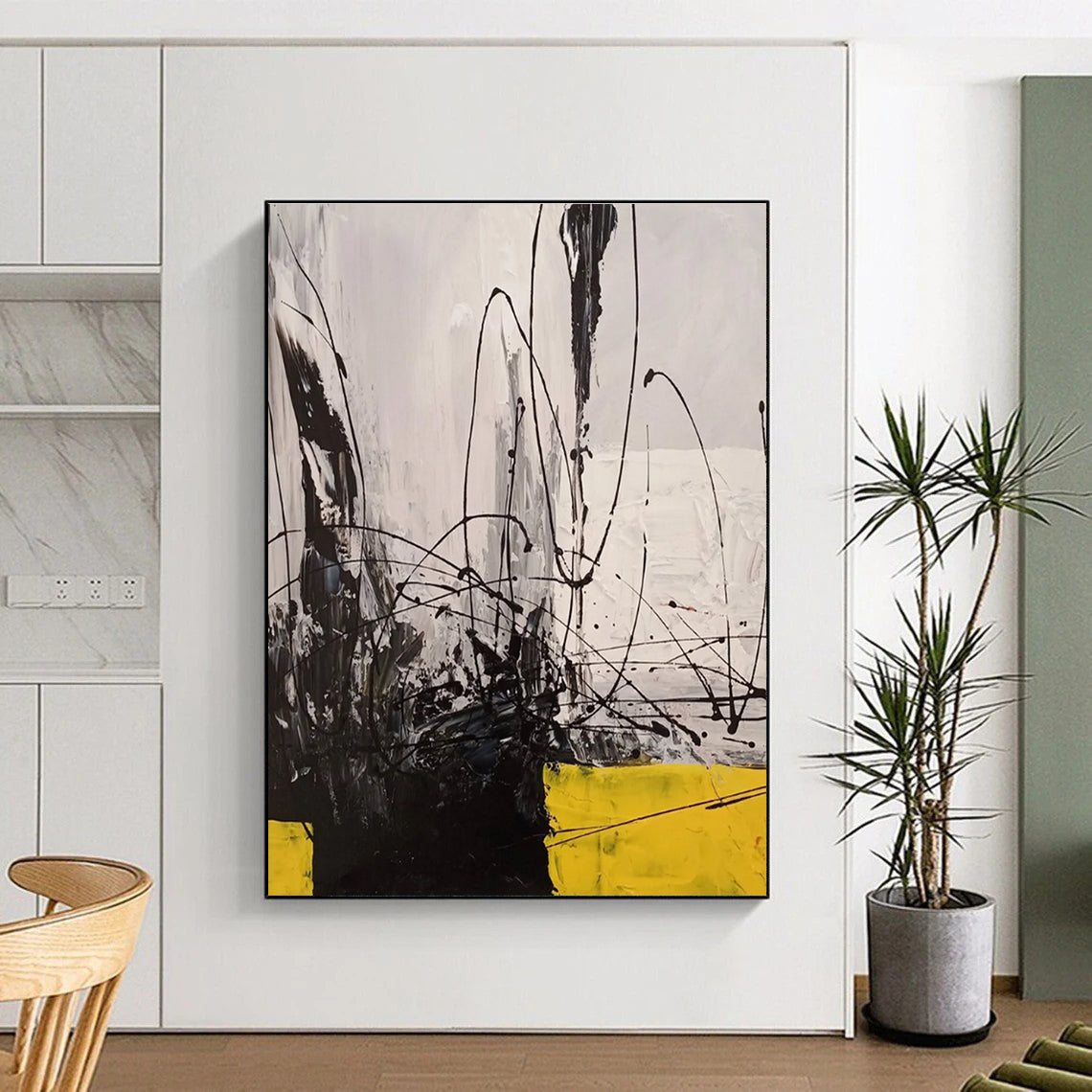 Hand-Painted Black, White, Yellow Abstract Lines and Textures Art PT221