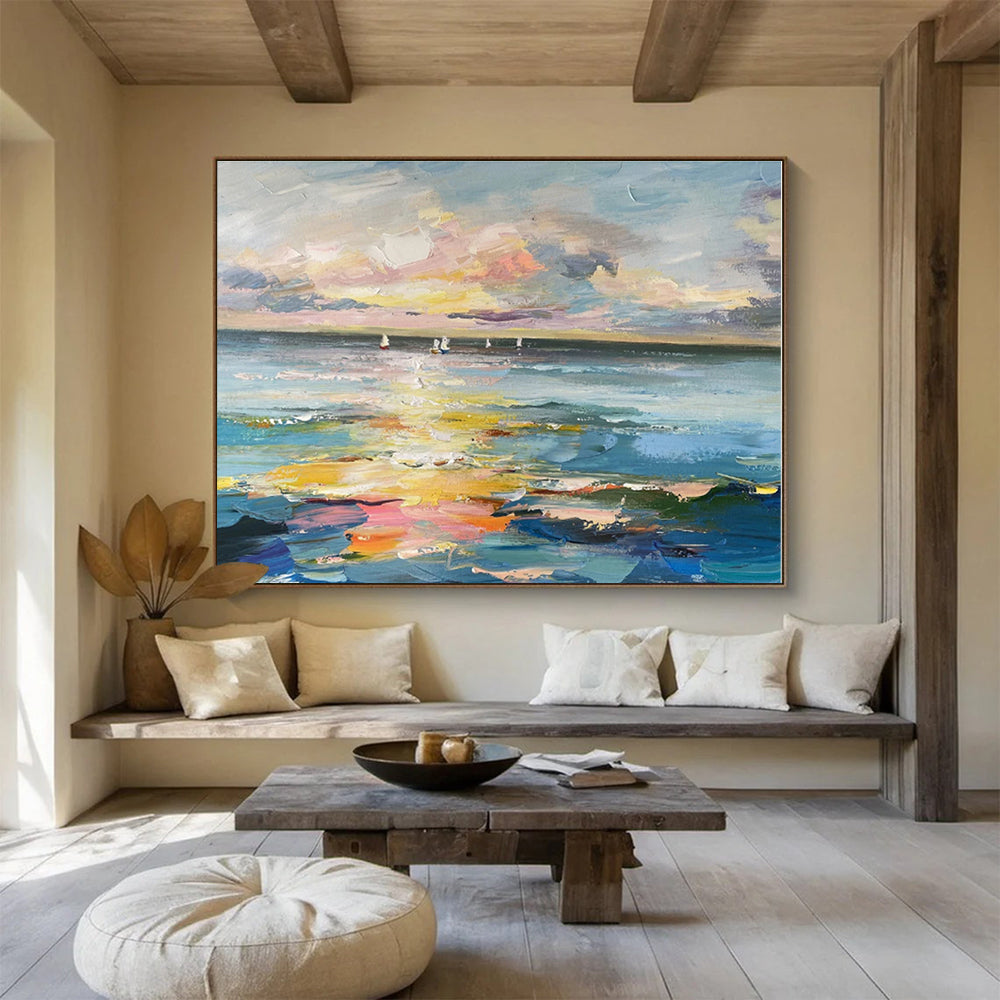 Oversized Abstract Wall Art Colorful Sunset & Sailboats On Sea Abstract On Canvas HPS040