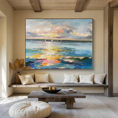 Oversized Abstract Wall Art Colorful Sunset & Sailboats On Sea Abstract On Canvas HPS040