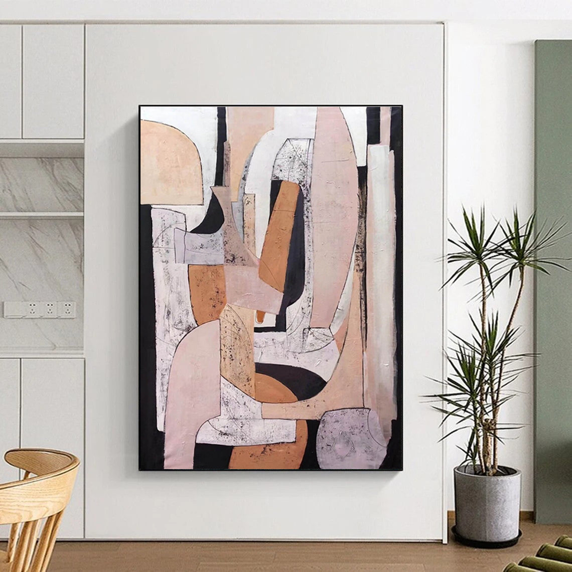 Large Contemporary Wall Art in Beige, Pink, Black, and White Abstract Geometric Compositions PT247