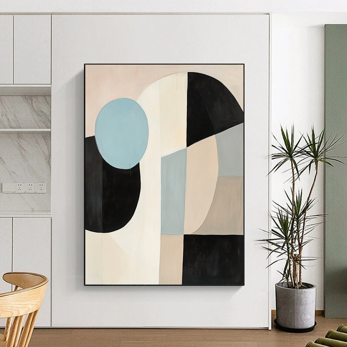 Modern Large Abstract Canvas Painting, Black White Blue Beige Abstract Geometric Art PT167