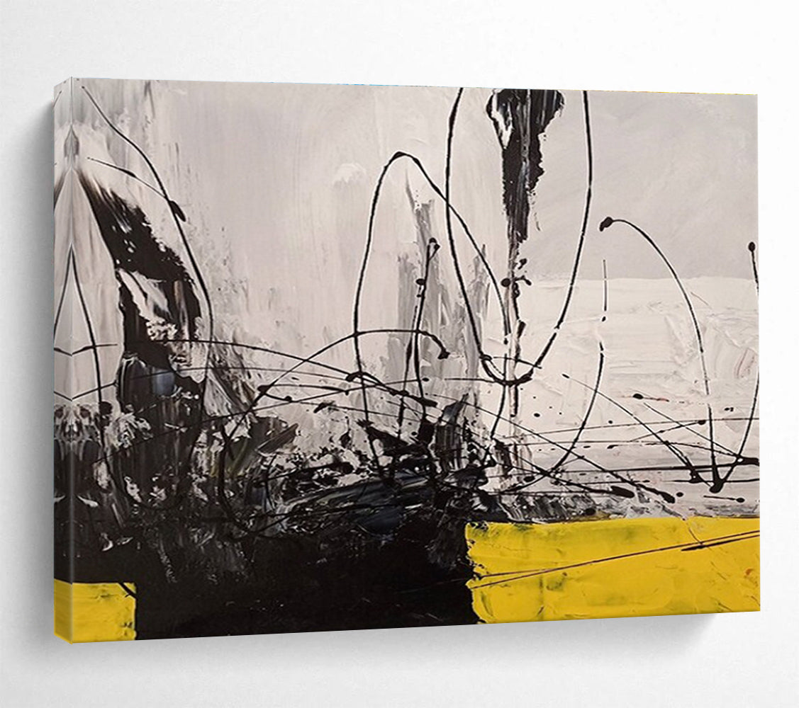 Oversized Abstract Wall Art Black, White & Yellow Energetic Abstract Art HPS168