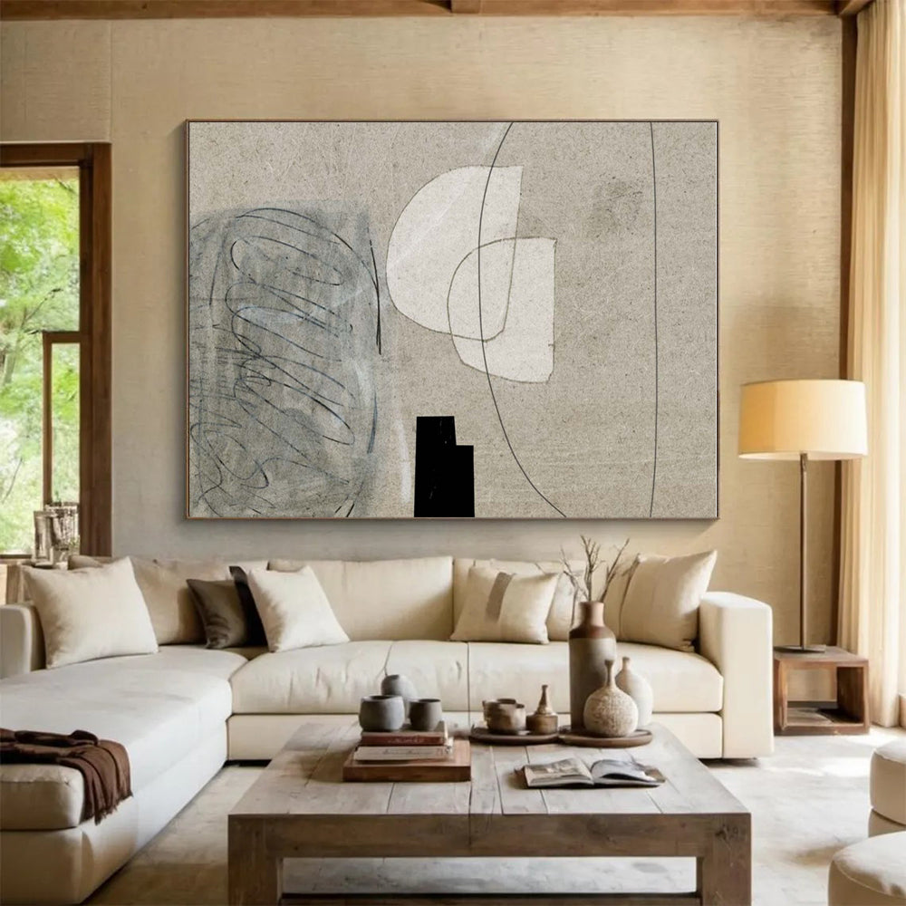 Minimalist Canvas Art in Beige, White, and Black Abstract Geometric Shapes PT242