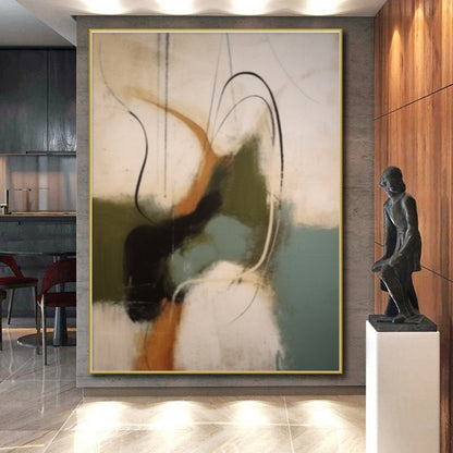 Modern Art Acrylic in Black, White, Brown, Green, and Teal Abstract Movement Shapes Painting PT267