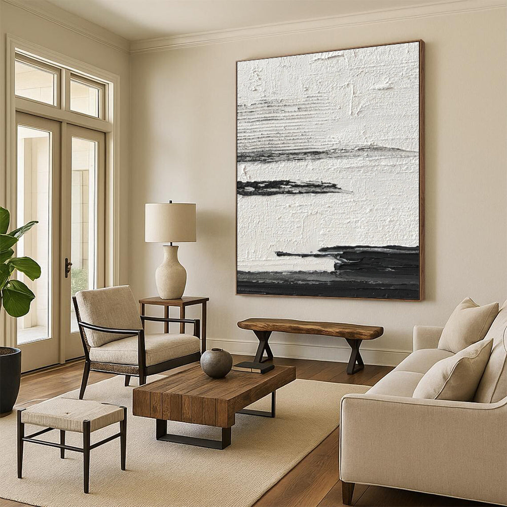 Hand-Painted Black and White Textural Abstract Landscape Painting PT268