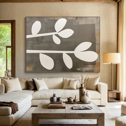 Wall Decor Abstract Paintings Large, Gray White Minimalist Plant Abstract Art PT136