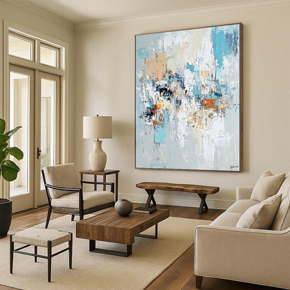 Affordable Large Abstract Wall Art, Blue Beige Orange Abstract Textured Art PT158