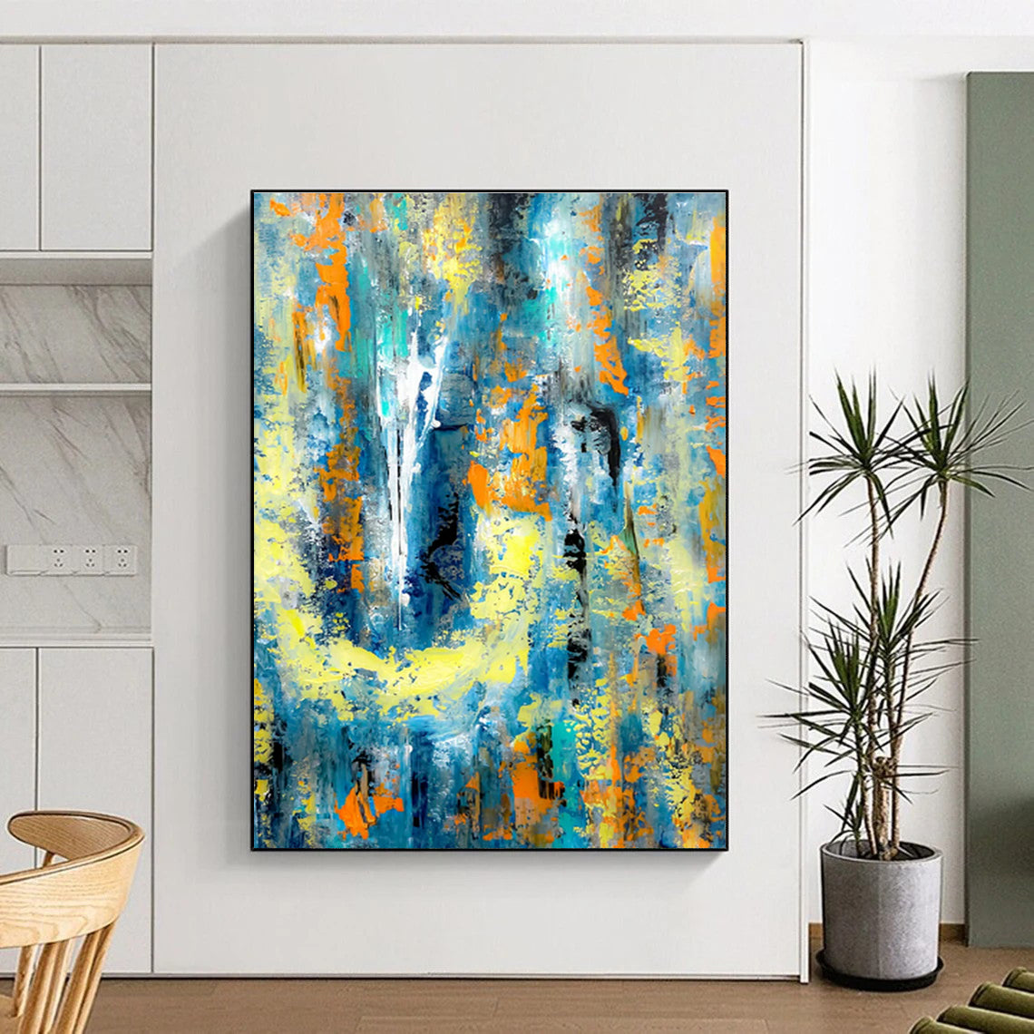 Modern Art Acrylic Blue, Yellow, and Orange Textured Abstract Art PT729