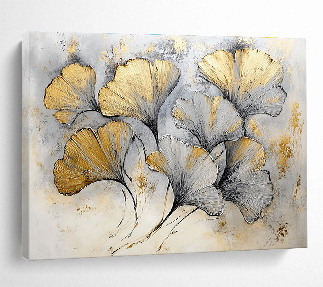 Huge Size Gold and Gray Ginkgo Leaves Textured Abstract Painting HPS303