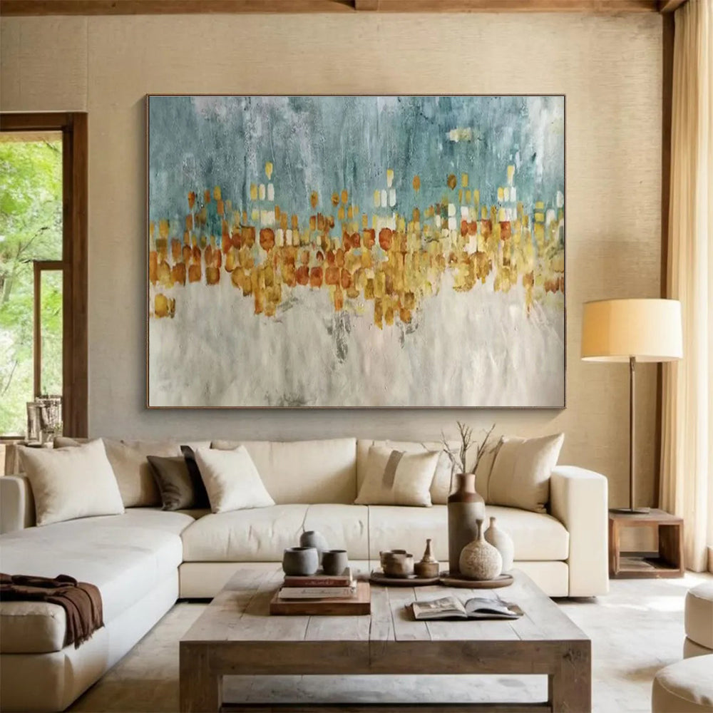 Oversized Abstract Wall Art Teal, Gold, and Beige Abstract Cityscape Art HPS367