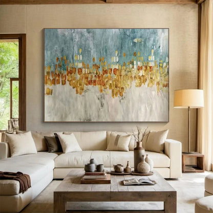 Oversized Abstract Wall Art Teal, Gold, and Beige Abstract Cityscape Art HPS367
