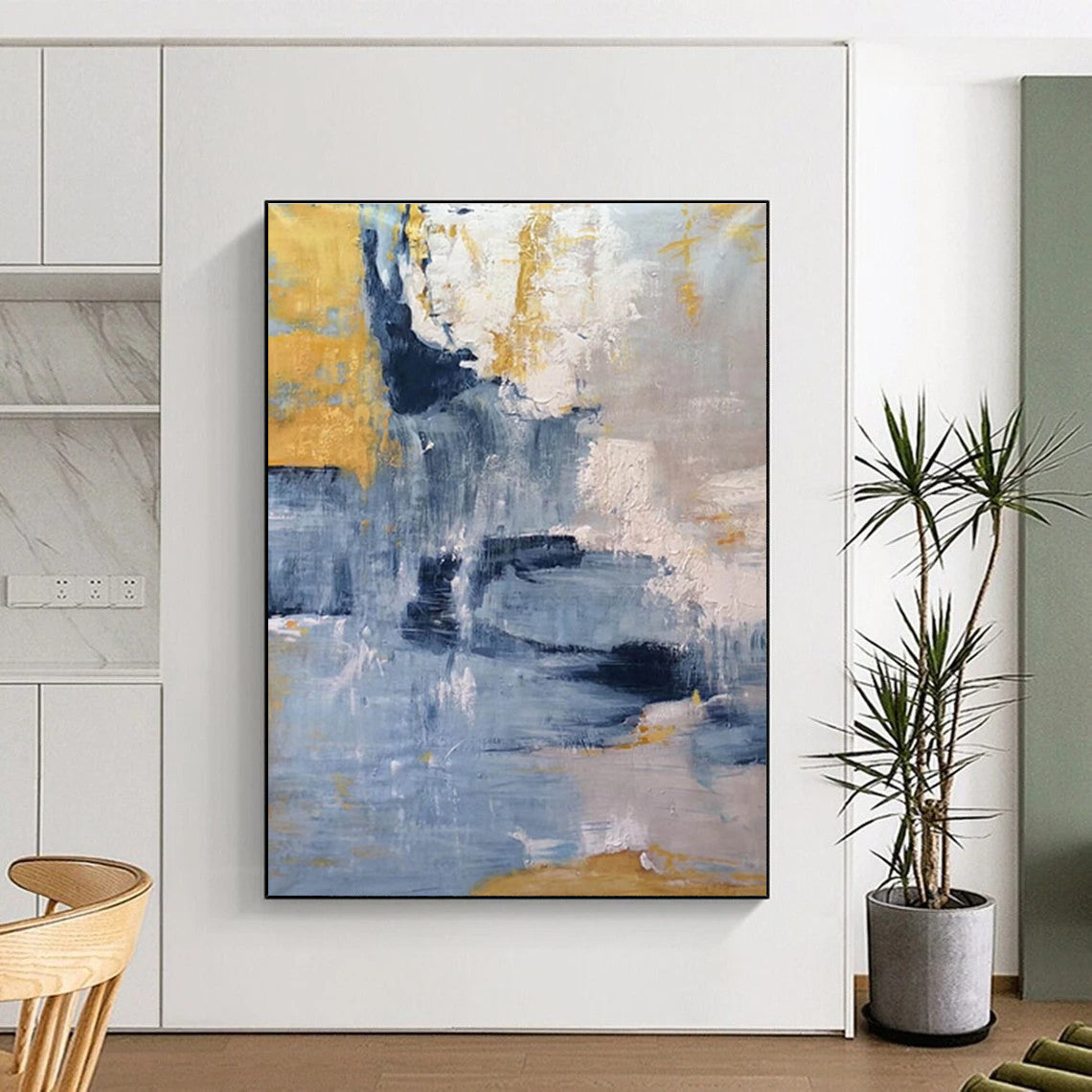 Modern Art Acrylic in Blue, Grey, Yellow, and White Abstract Textural Layers PT248