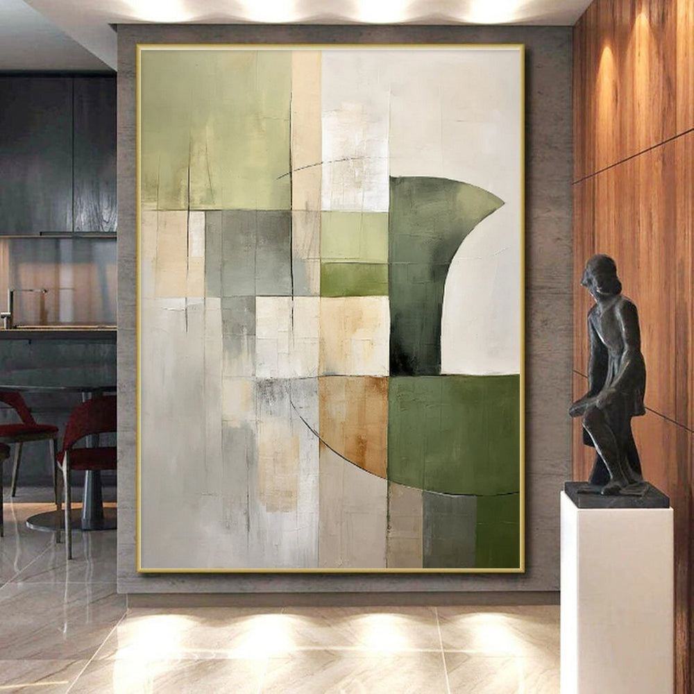 Handmade Art Green, Beige, and Gray Geometric Abstract Art PT780