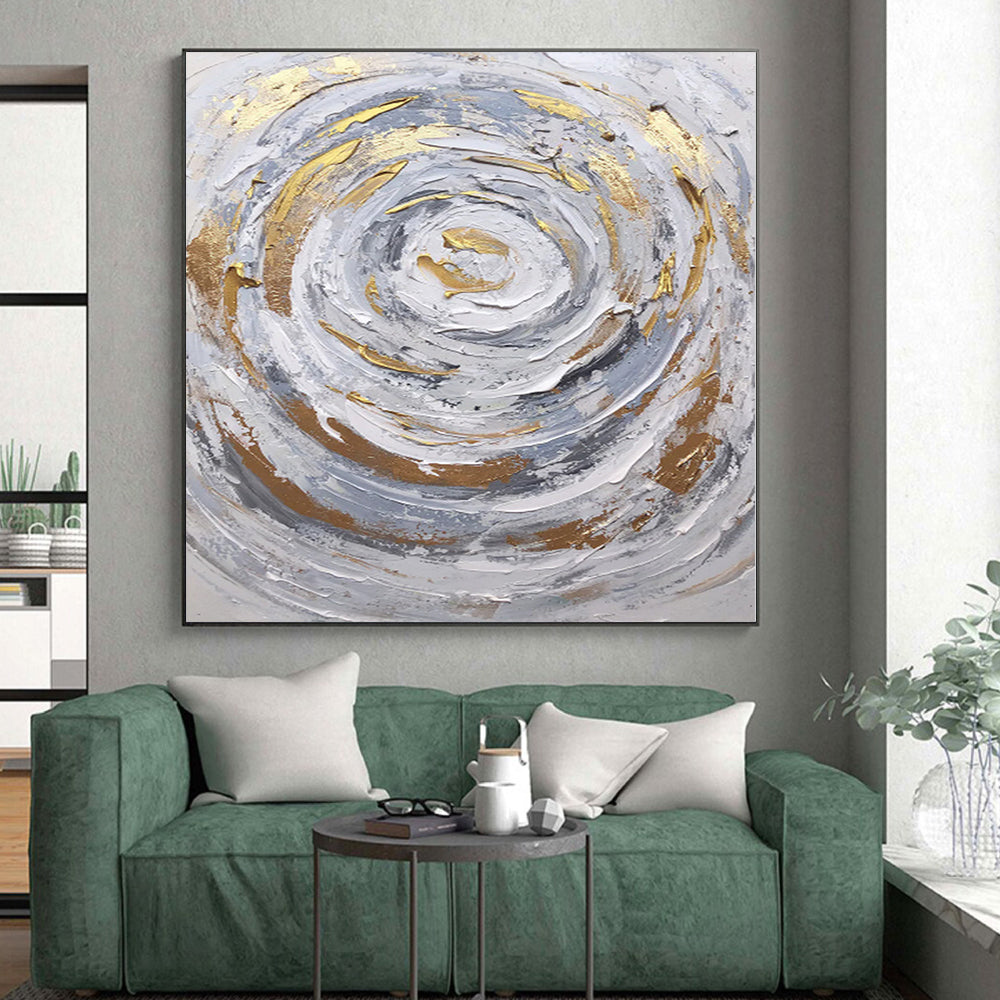 Oversized Abstract Wall Art Gray, White & Gold Textured Swirl Abstract Painting On Canvas PT058