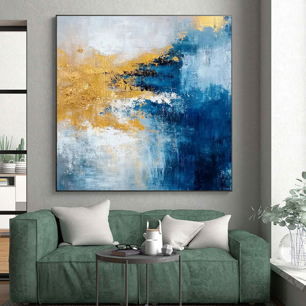48x60 Blue, White, and Gold Abstract Art with Textural Layers PT226