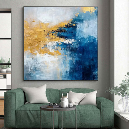 48x60 Blue, White, and Gold Abstract Art with Textural Layers PT226