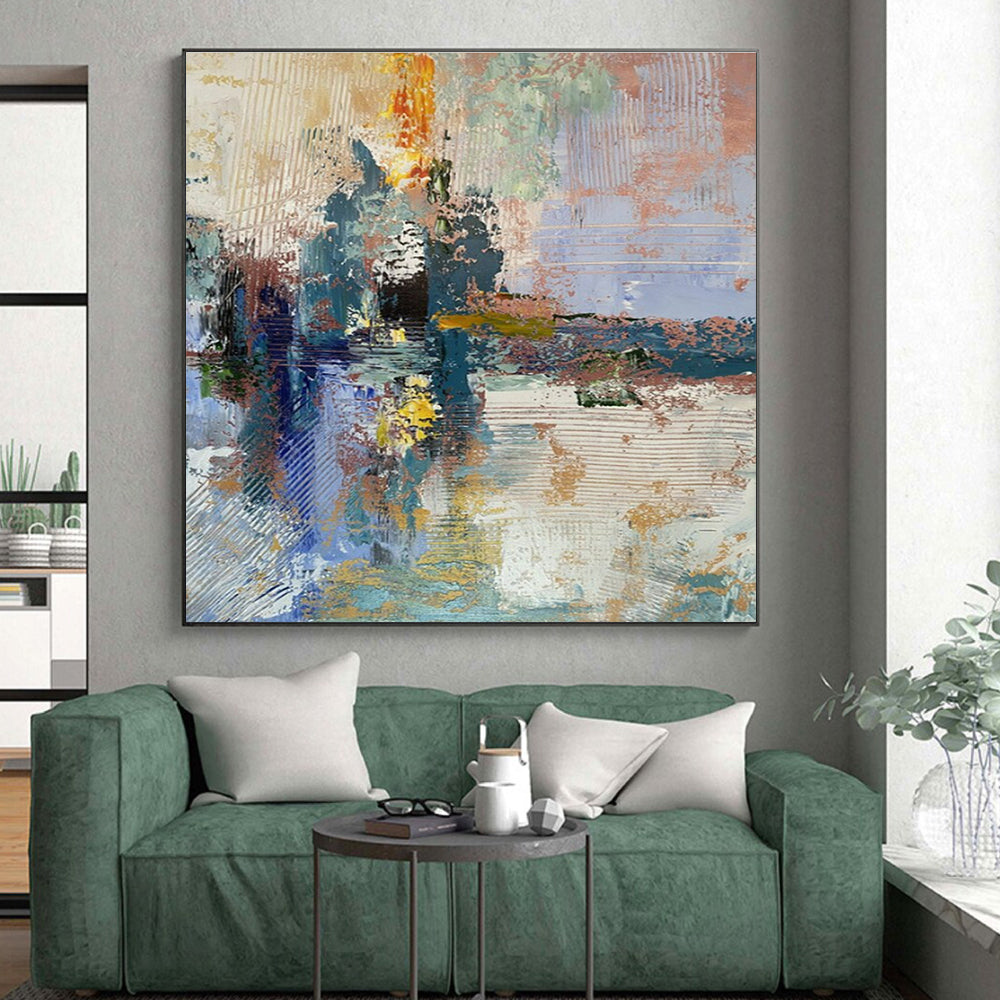 Acrylic Modern Art Paintings Blue, Gold, and Pink Textured Abstract Art PT772