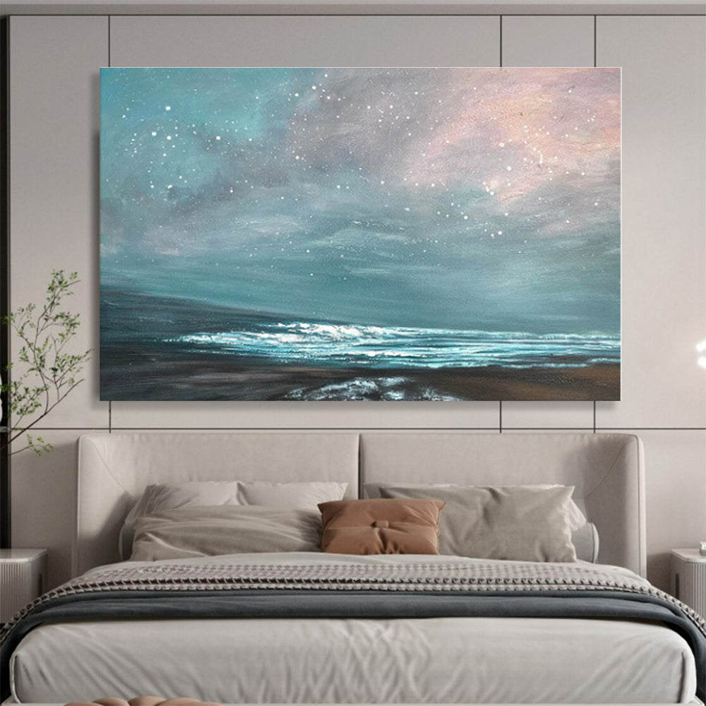 Modern Art Acrylic Teal & Pink Starry Sea Abstract On Canvas HPS037