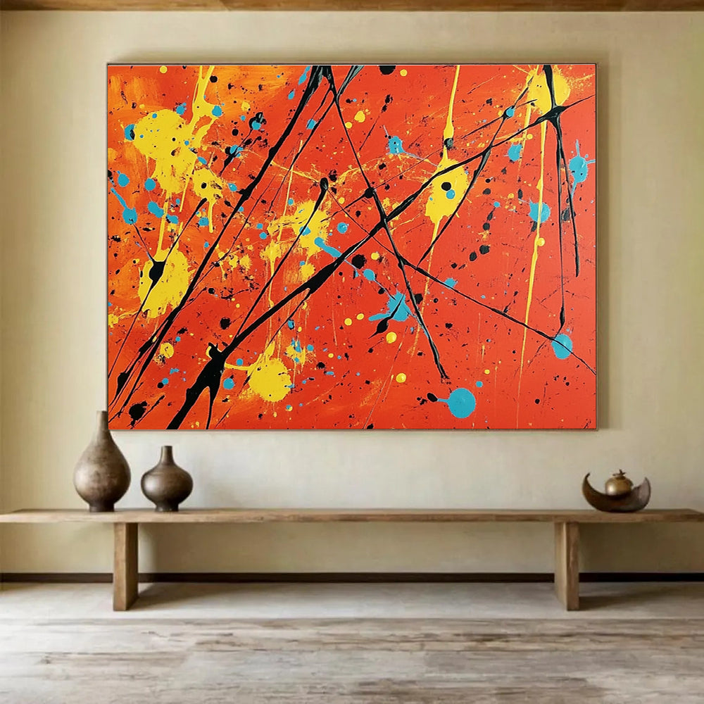 Acrylic Modern Art Paintings Orange, Yellow, Blue & Black Splatter Abstract Painting HPS255